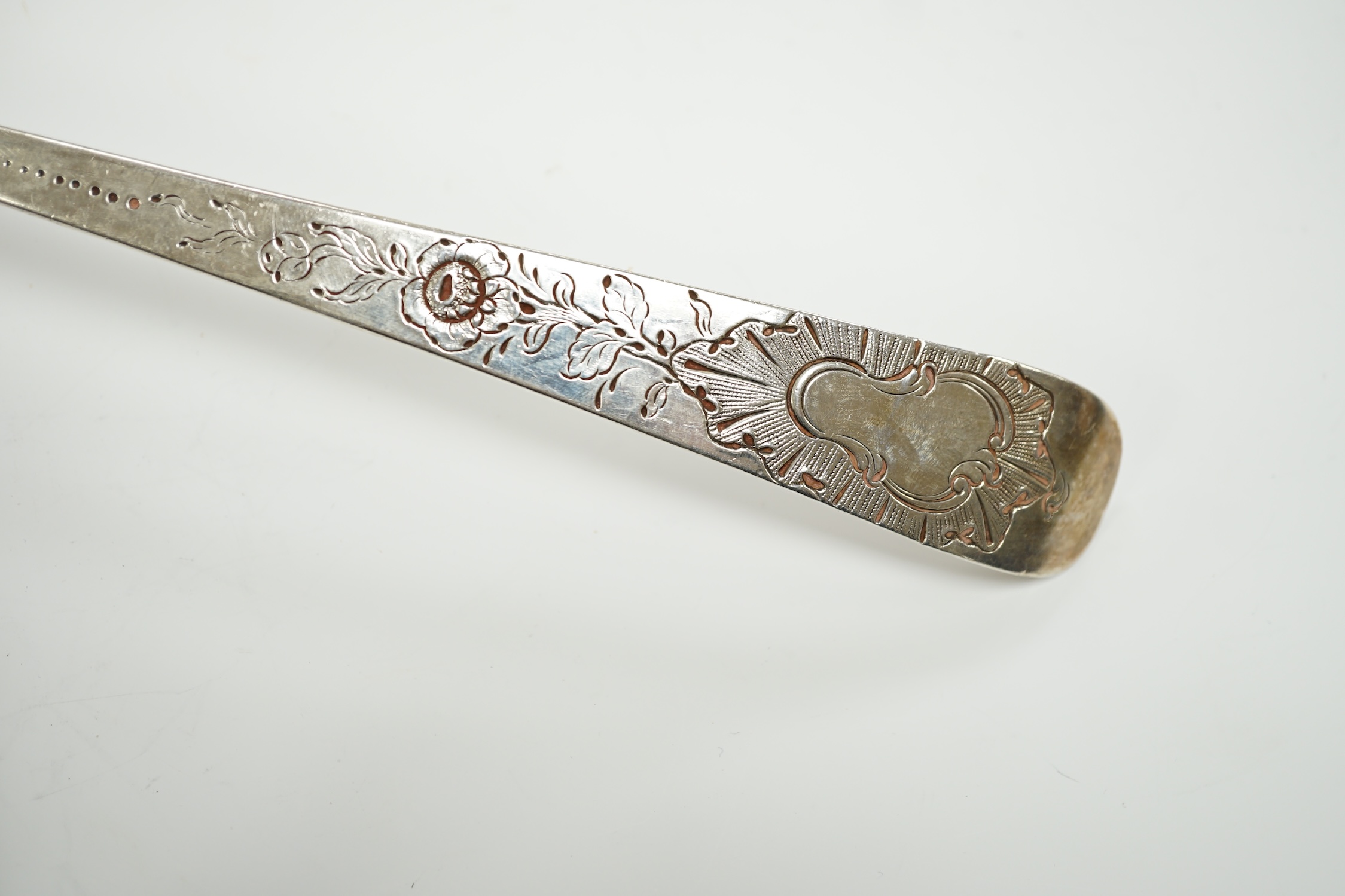 A George III Irish silver Old English pattern soup ladle, Michael Homer?, Dublin, 1775, 36cm, 7.1oz.